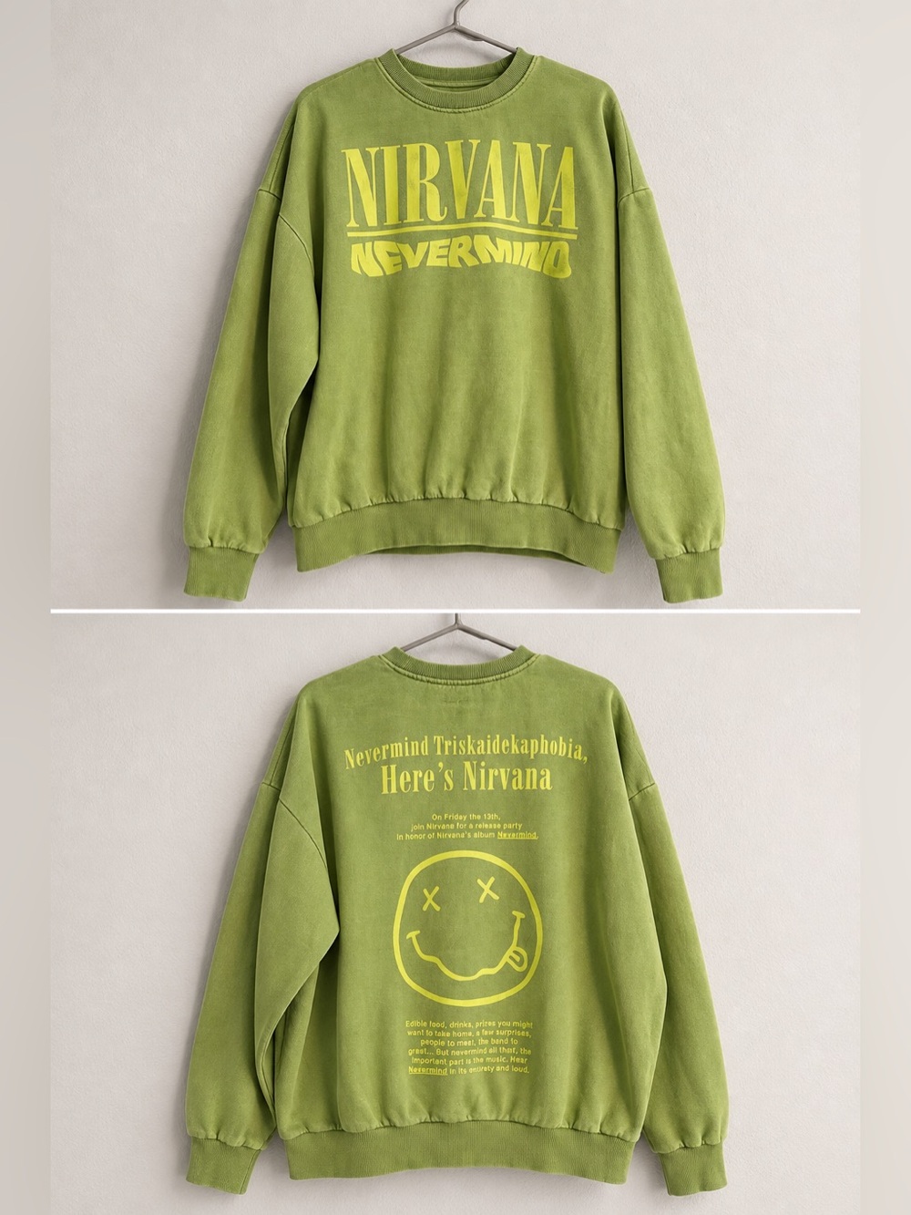 Nirvana Nevermind Triskaidekaphobia Sweatshirt Green Oversized Graphic Crewneck